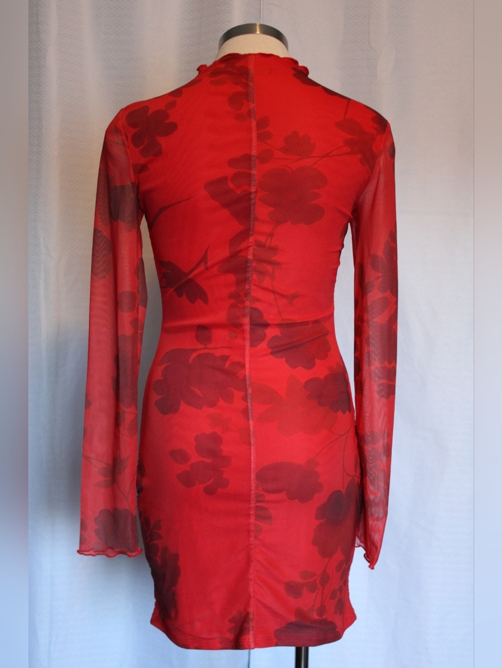 Fashion Nova Red Floral Mesh Bodycon Mini Dress Size S - Picture 3 of 9